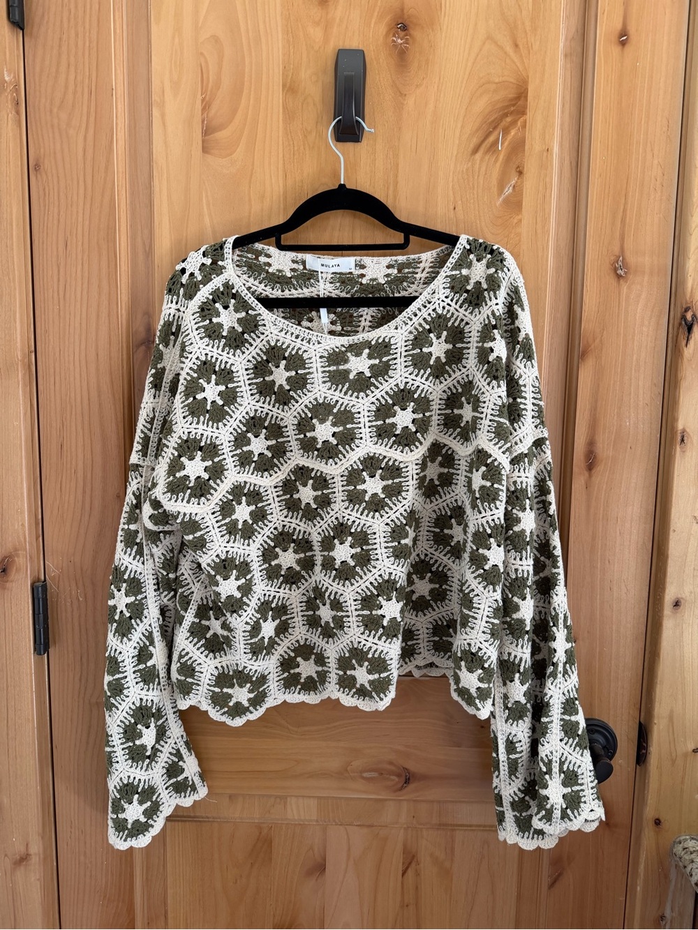 Olive & White Crochet Coverup Sweater Top